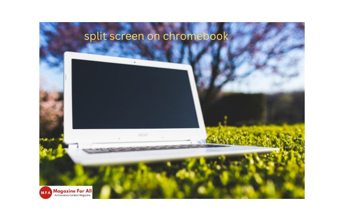 In this picture there is a laptop lying on the grass which is telling how to split screen on chromebook